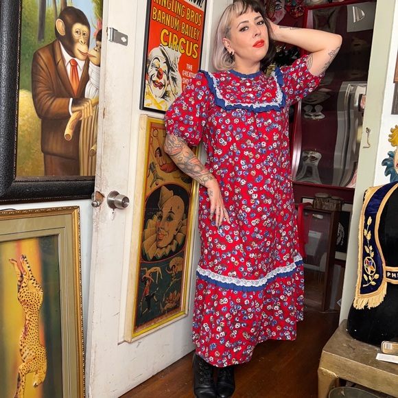 Vintage Good Times Hawaii for Sears Prairie Ruffled Sun Dress Red Blue - Picture 2 of 2